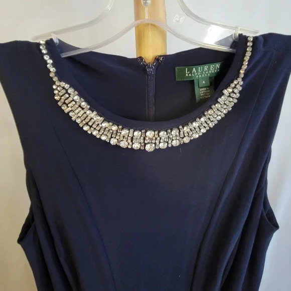 Lauren Ralph Lauren Navy Blue Dress Size  4 Beaded Fit and Flare - Picture 4 of 7